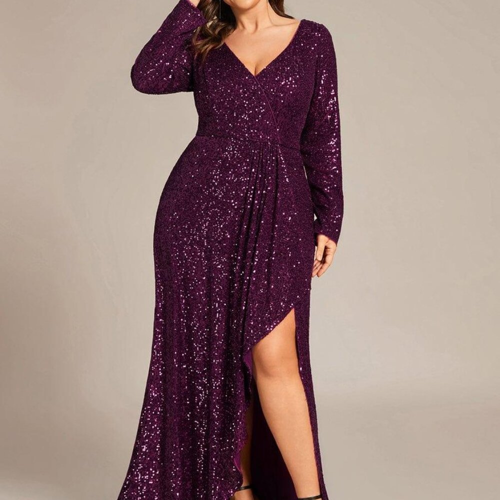 Ever Pretty Deep V Neck Long Sleeves Split Evening Dress Sequin